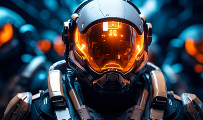 Poster - Futuristic Sci Fi Soldier with Glowing Orange Visor and Advanced Armor Standing in a Cybernetic Environment with Light Effects