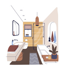 Poster - Modern bathroom interior. Bath room design with bathtub, shower, washstand, toilet, mirror and window. Cozy home washroom in trendy style. Flat vector illustration isolated on white background.