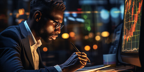 Poster - Concentrated Young Black Trader Analyzing Financial Markets on Multiple Computer Screens in a Dark Office Room
