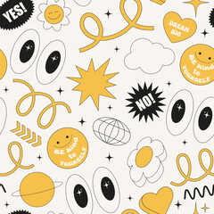 Wall Mural - Seamless vector pattern in y2k comic style. Abstract geometric shapes, eyes, positive emoji, stickers and patches on background. Funky groovy graphic for wallpaper, wrapping paper, textile and design