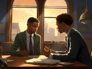 Wall Mural - Teacher Talking To Black Youth Student In Class Room, a man sitting at a table with a man in a suit and tie.