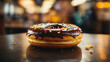 Sweet black donut, blurred background. generative AI