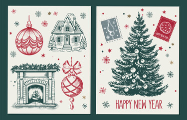 Christmas set, tree, home, Fireplace, in sketch style. Hand drawn illustration.	
