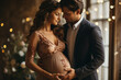 Pregnancy photo man and woman holding pregnant bump expecting baby. Happy family hands on stomach closeup. Couple in love. 