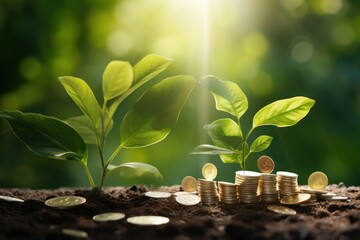 Poster - Green globes and piles of silver coins with saplings growing