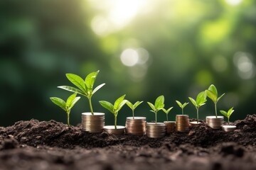 Poster - Green globes and piles of silver coins with saplings growing