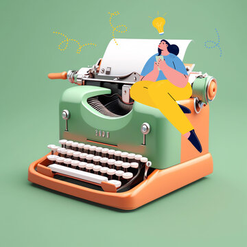 Retro 3d typewriter with blank paper on light green background. Concept for writing, copywriting, creating content, blog posts, ads, promo materials, storytelling.	