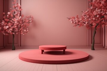 Wall Mural - 3d render of red podium and cherry blossom tree on background