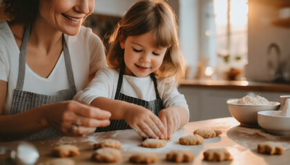 Wall Mural - Joyful Family Baking: Mother and Daughter in Aprons Create Sweet Memories Together at Home