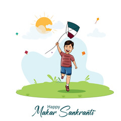 Wall Mural - Vector illustration Makar Sankranti  a boy running with kite template