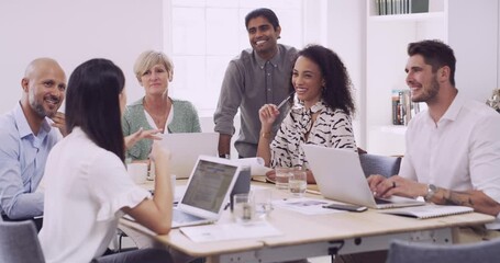 Poster - Meeting, collaboration and laptop with business people in the boardroom together for strategy discussion. Planning, diversity and agenda with an employee group in their company office for a workshop