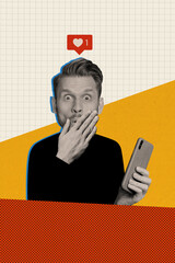 Fototapete - Vertical funny photo collage young guy hold smartphone impressed receive like heart social media hand close mouth shocked famous popular