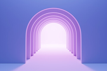 Poster - 3D rendering. Beautiful geometric arch, gate, portal. Abstract geometric arch. Round hole, entrance to the wall with a purple  screen.