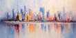 Skyline city view with reflections on water. Original oil painting on canvas, Generative AI