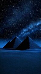 Wall Mural - the camera moves in a semicircular path in front of three pyramids in the desert at night with a sky