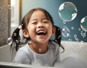 Wall Mural - Laughing girl in a bubble bath.