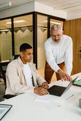 Canvas Print - Businessman talking to male colleague explaining work tasks during meeting in conference room