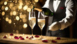 Kelner nalewa szampana z butelki do kieliszków stojących na drewnianym stole