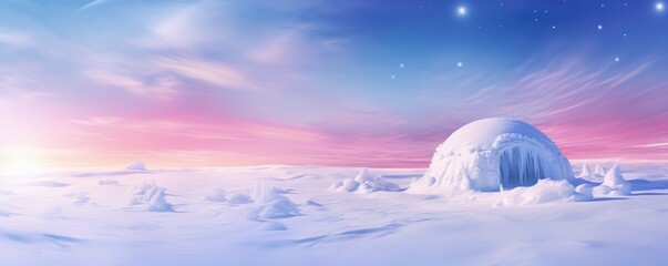 Wall Mural - Igloo ice hotel with sunset during magic winter night, panorama. Generative Ai.