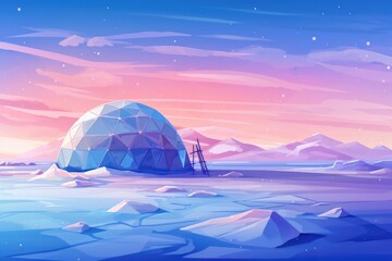 Wall Mural - Igloo ice hotel on a snowy plain with sunset during magic winter night. Generative Ai.