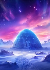 Wall Mural - Igloo ice hotel on a snowy plain with aurora borealis during magic winter night. Generative Ai.