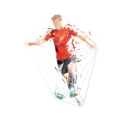 Wall Mural - Soccer player running with ball, football player, isolated low poly vector illustration, polygonal drawing, front view