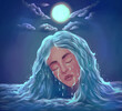 portrait illustration of a sad girl crying under the moon