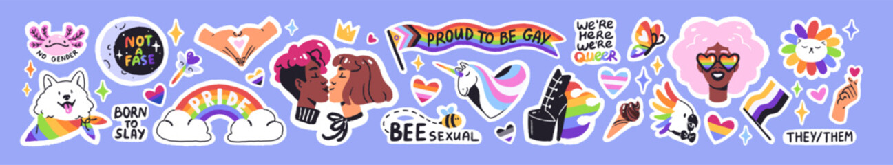 LGBTQ stickers set. Rainbow, hearts, cute dog, cat with gay symbols. LGBT progressive flags, lesbian kiss. Homosexual phrases, love, queer, pride month. Flat hand drawn isolated vector illustrations