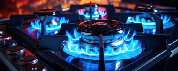 Detail view on kitchen gas cooker with blue flame on while cooking, banner panorama. Generative Ai.