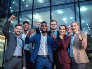 Cheerful diverse business people with raised hands, showing fists, celebrating business success in front of modern company building.