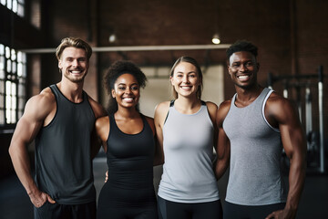 Wall Mural - Smiling group of friends in sportswear laughing together while standing arm in arm in a gym after a workout.
