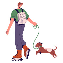 Wall Mural - Happy people ride on roller skate, walks dog. Young man carrying backpack, rollerblading with dachshund on leash. Owner and pet on active leisure. Flat isolated vector illustration on white background
