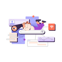  - Online research concept. People explore internet using search engine, browser. HR browsing user profile for hiring. Girl watching in spyglass. Flat isolated vector illustration on white background