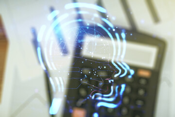 Poster - Abstract virtual artificial Intelligence concept with human head sketch on blurry calculator and papers background. Double exposure