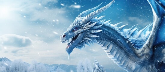 Wall Mural - A dragon roars into the blue winter sky surrounded with snow. Copy space image. Place for adding text