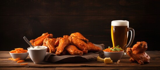 Sticker - Buffalo chicken wings with beer french fries on wooden board fast food. Copy space image. Place for adding text