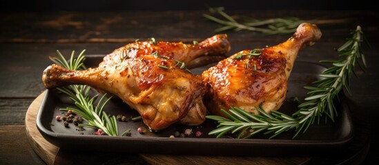 Wall Mural - Close view roasted chicken legs with rosemary. Copy space image. Place for adding text