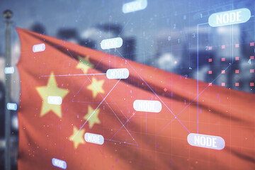 Poster - Abstract virtual coding concept on flag of China and blurry cityscape background. Multiexposure