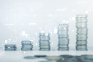 Aufkleber - Abstract creative financial graph interface and world map on stacks of coins background, forex and investment concept. Multiexposure