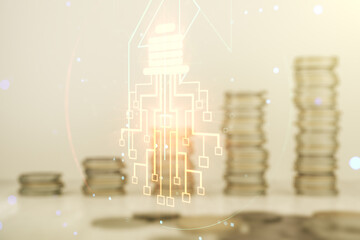 Poster - Virtual creative light bulb illustration with microcircuit on coins background, future technology concept. Multiexposure