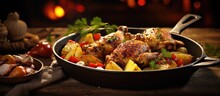 Braised Chicken Legs With Root Vegetables In A Rustic Roasting Pan Healthy Family Dish. Copy Space Image. Place For Adding Text