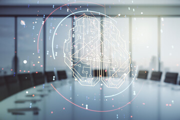 Aufkleber - Virtual creative artificial Intelligence hologram with human brain sketch on a modern coworking room background. Double exposure
