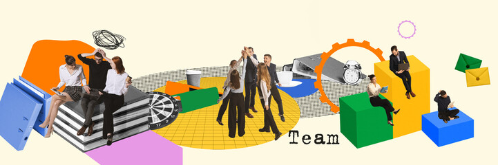 Wall Mural - young people, co-workers working on projects, reaching professional aims. contemporary art collage. 