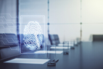 Aufkleber - Multi exposure of virtual abstract fingerprint illustration on a modern conference room background, digital access concept