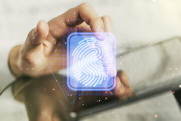 Poster - Abstract creative fingerprint concept with finger clicks on a digital tablet on background. Multiexposure