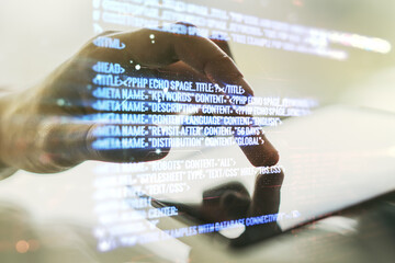 Aufkleber - Multi exposure of abstract software development hologram and finger presses on a digital tablet on background, research and analytics concept
