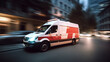 Panning low shutter speed of ambulance paramedic car driving in city for pick up patient or send to hospital emergency rescue healthcare service business concept.
