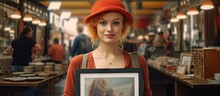A Young Woman Is Showing A Picture For Sale. Copy Space Image. Place For Adding Text