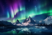 Green And Purple Aurora Borealis Over Snowy Mountains. Northern Lights