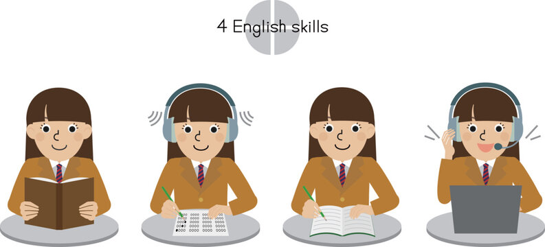 4つの英語技能の動作をしているブレザーを着た日本人女子中高生の上半身イラストセット